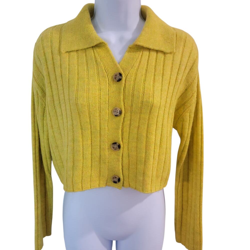 Wild Fable Chartreuse Ribbed Cropped Cardigan Sweater Size Small Y2K Collared
